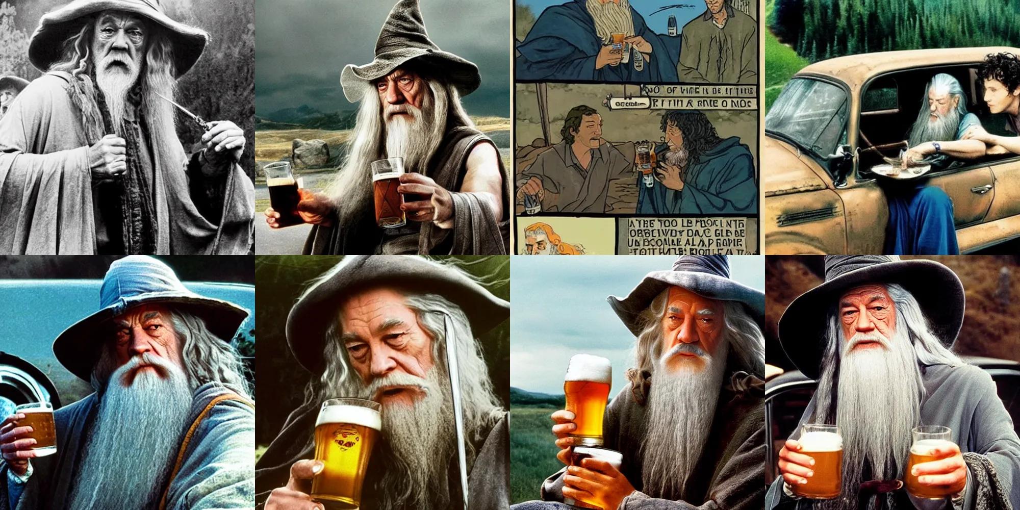 Prompt: drunk gandalf drinking beer with frodo in an old chevrolet on the american highway