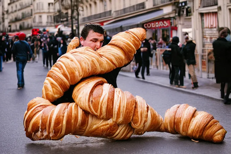 Prompt: closeup potrait of a wrestler wrestling a giant croissant in a paris street, natural light, sharp, detailed face, magazine, press, photo, Steve McCurry, David Lazar, Canon, Nikon, focus