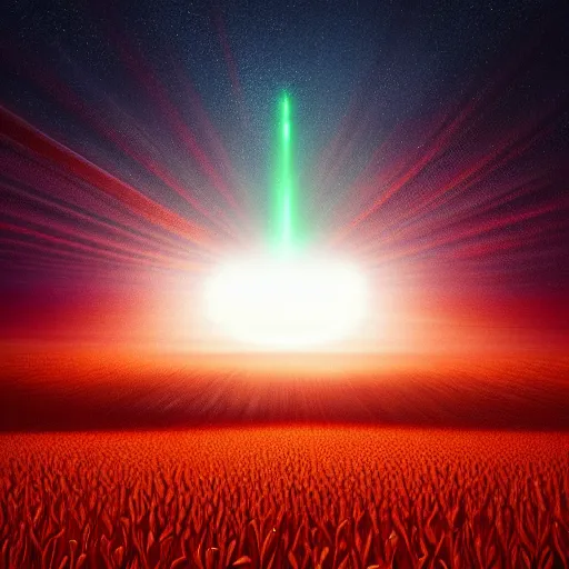 Prompt: digital art painting of a UFO glowing with red green and blue lights above an empty corn field at night, mysterious, sci fi, alien, extraterrestrial, trending on artstation cgsociety,