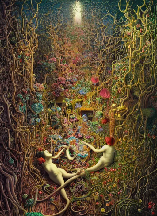 Prompt: hyper detailed 3d render like a Oil painting - the secret tangled garden of lunacy and madness by Jacek Yerka, Mariusz Lewandowski, Houdini algorithmic generative render, Abstract brush strokes, Masterpiece, Edward Hopper and James Gilleard, Zdzislaw Beksinski, Mark Ryden, Wolfgang Lettl, hints of Yayoi Kasuma, octane render, 8k