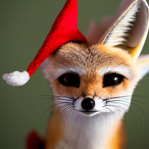 Prompt: a close up, studio colour photograph of a fennec fox wearing a santa hat, dramatic backlighting at golden hour, wide angle 15mm lens, silly cartoon