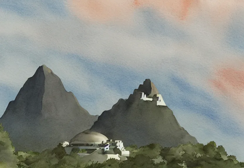 Prompt: a cell - shaded watercolor concept art from a studio ghibli film showing one giant grey ufo. in the background is machu pichu on a misty and starry night. by studio ghibli. very dull muted colors