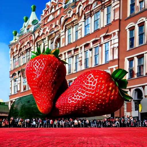 Prompt: super wide shot of giant strawberry monster on red square, 4 k, greg rutkowski, bokeh