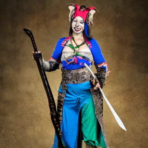 Prompt: full body photo of a female jester warrior with weapons