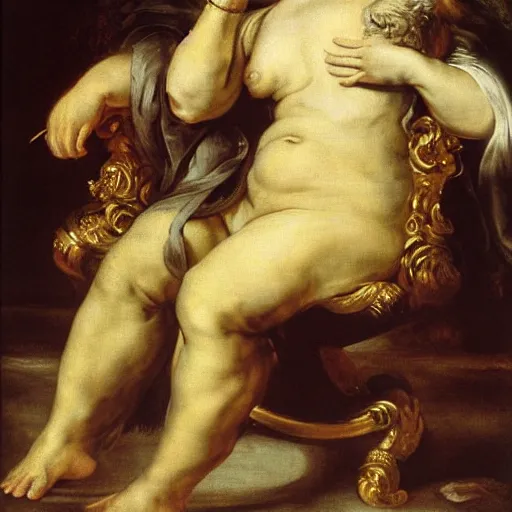 Prompt: tardigrade resting on a baroque armchair oil on canvas by Peter Paul Rubens