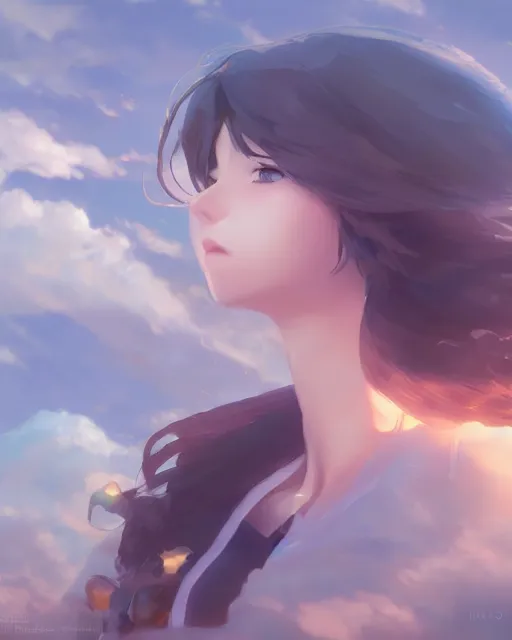 Image similar to a girl made of clouds and sky, full shot, atmospheric lighting, detailed face, by makoto shinkai, stanley artgerm lau, wlop, rossdraws