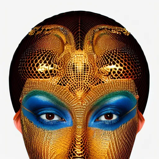 Image similar to hyperdetailed masterpiece portrait of a glossy golden metallic statue of a woman head covered in colorful glowing hexagons and chakras, symmetrical, in the style of virgil abloh, offwhite, heron prestorn, denoise, vogue, paris, fashion, halluzinogene, highly detailed, realistic, hyperreal, 8 k, 4 k, render
