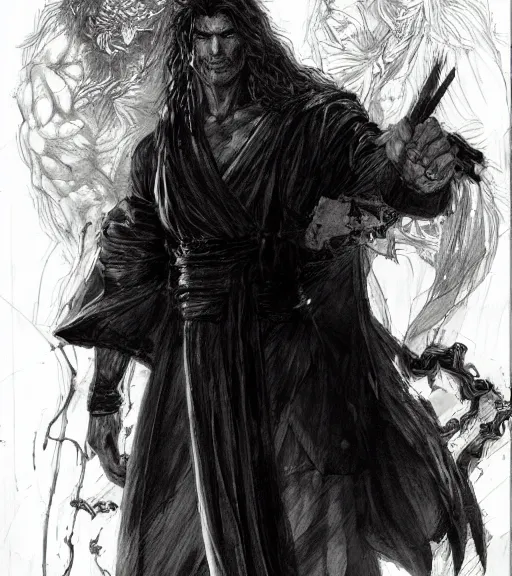 Prompt: portrait of tall muscular anime man with long hair wearing a dark robe, pen and ink, intricate line drawings, by craig mullins, ruan jia, kentaro miura, greg rutkowski, loundraw