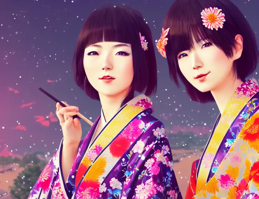 Image similar to two beautiful charming japan female superstar wear arty kimono in festival | | sunny night, festival,, realistic shaded, smile, good looking, hyper details, 4 k realistic, cryengine, realistic shaded lighting poster by ilya kuvshinov, fuji choko, ross tran, 8 k resolution, trending on artstation, luxury