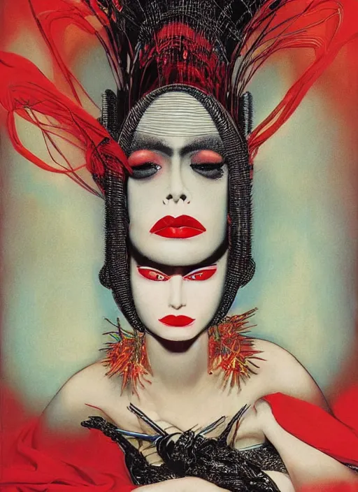 Image similar to an 8 0 s portrait of a woman with dark eye - shadow and red lips with dark slicked back hair, a mask made of wire and beads, dreaming acid - fueled hallucinations by serge lutens, rolf armstrong, delphin enjolras, peter elson, red cloth background