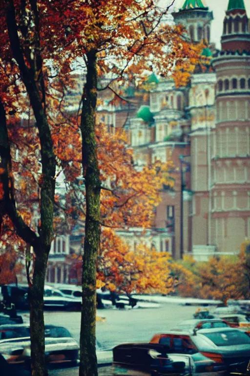 Image similar to a lomographic photo of moscow, autumn, cinestill, bokeh