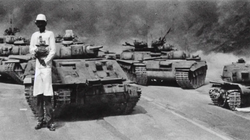 Image similar to old historic photograph of a single person in white shirt, holding white grocery bags, standing on the road facing four battle tanks approaching him