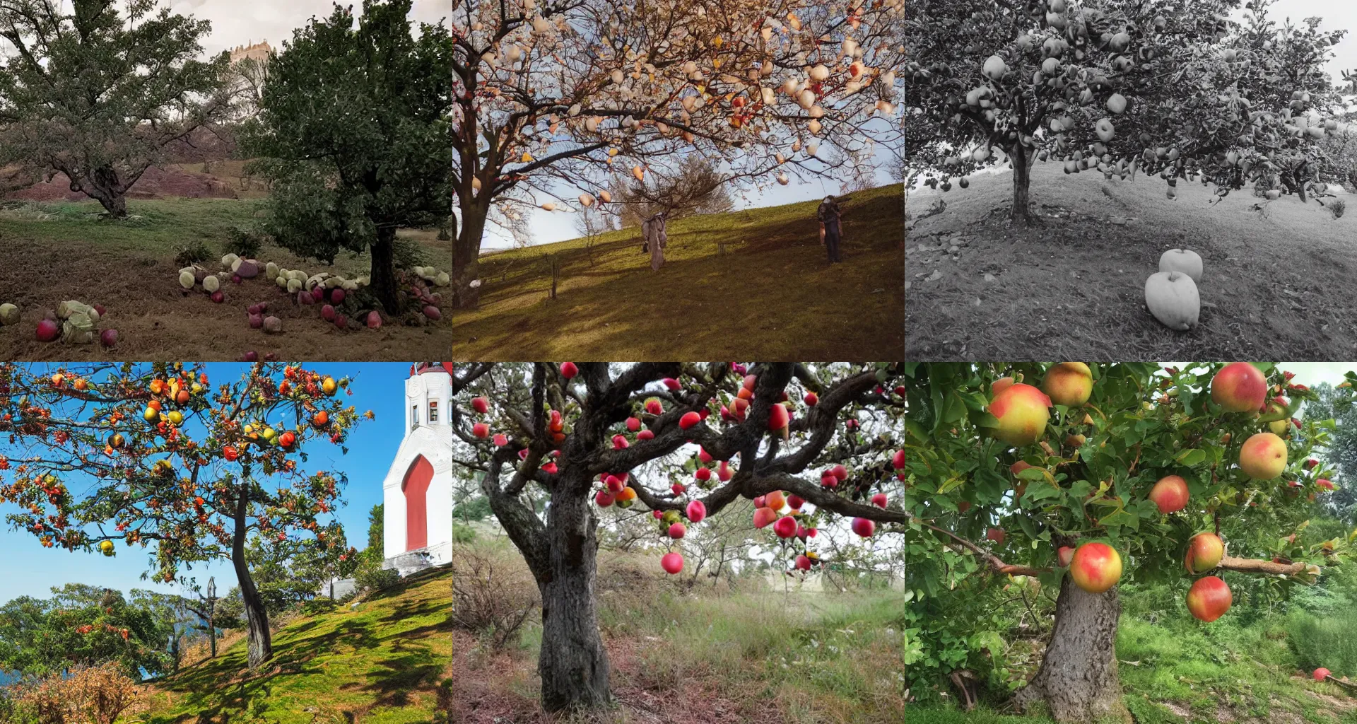 Prompt: tree with apples on hill in front of white church