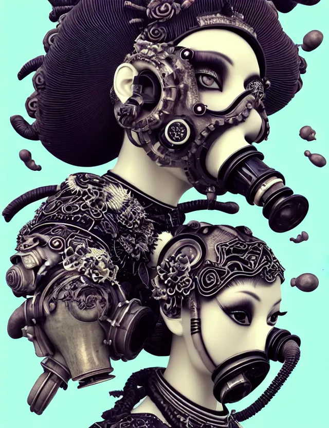 Image similar to 3 d goddess close - up profile punk portrait with vintage gas mask ram skull. beautiful intricately detailed japanese crow kitsune mask and clasical japanese kimono. betta fish, jellyfish phoenix, bio luminescent, plasma, ice, water, wind, creature, artwork by tooth wu and wlop and beeple and greg rutkowski