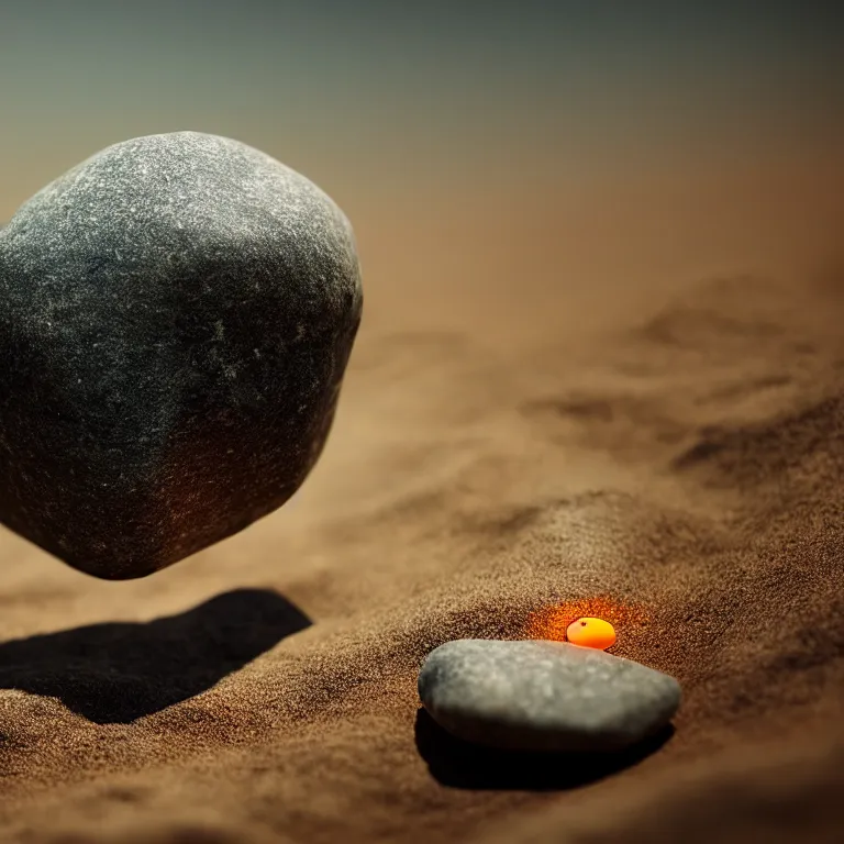 Image similar to photo of a huge pebble with a glowing rune drawn on it. pebble is almost completely wrapped with copper wire. extremely high details, masterpiece, cinematic, octane rendering, depth of field, bokeh, cgsociety