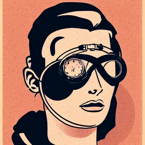 Image similar to tattooed stoic heroic emotionless dirty butch blonde woman engineer with very short slicked - back hair, uncomfortable awkward and anxious, at fancy costume party, wearing dark - lensed victorian goggles, wearing flight suit, moebius, rough paper, smooth median photoshop filter cutout vector, behance hd