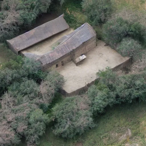 Prompt: fortified compound. aerial photography.