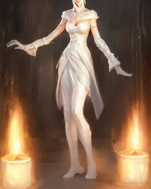 Prompt: concept art of a tall lady in a dress wearing a white mask, leening by a fountain lit by candles, with a dark aura around her | | fine - fine details by stanley artgerm lau, wlop, rossdraws, and sakimichan, trending on artstation, brush strokes