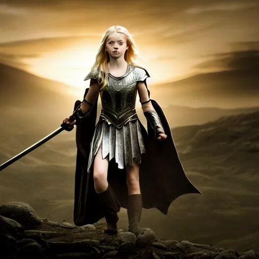 Image similar to cinematic scene with mckenna grace as eowyn from lord of the rings, live action film, battle armor chain mail, dramatic, small details, volumetric lighting, still frame