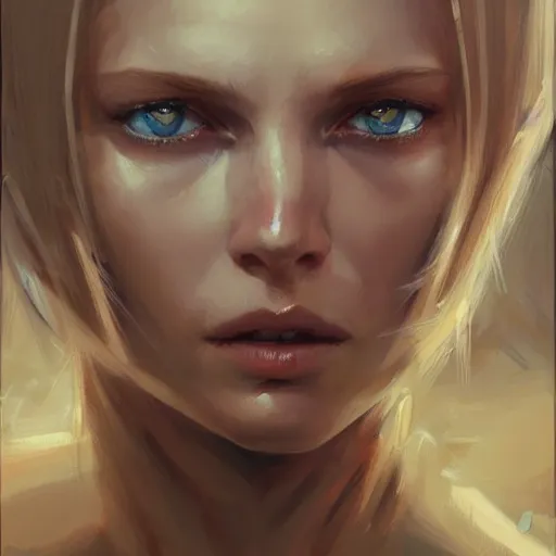 Prompt: A head-on detailed oil portrait of a beautiful woman with pale blue eyes and long yellow hair by greg rutkowski and artgerm, trending on artstation