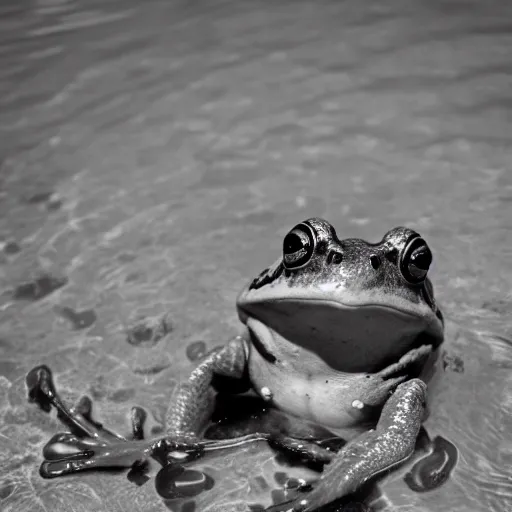 Prompt: a frog in a suit is in a pool, he is cheering and very happy, black-and-white, 50mm