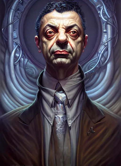 Image similar to lovecraft biopunk portrait of rowan sebastian atkinson by tomasz alen kopera and peter mohrbacher