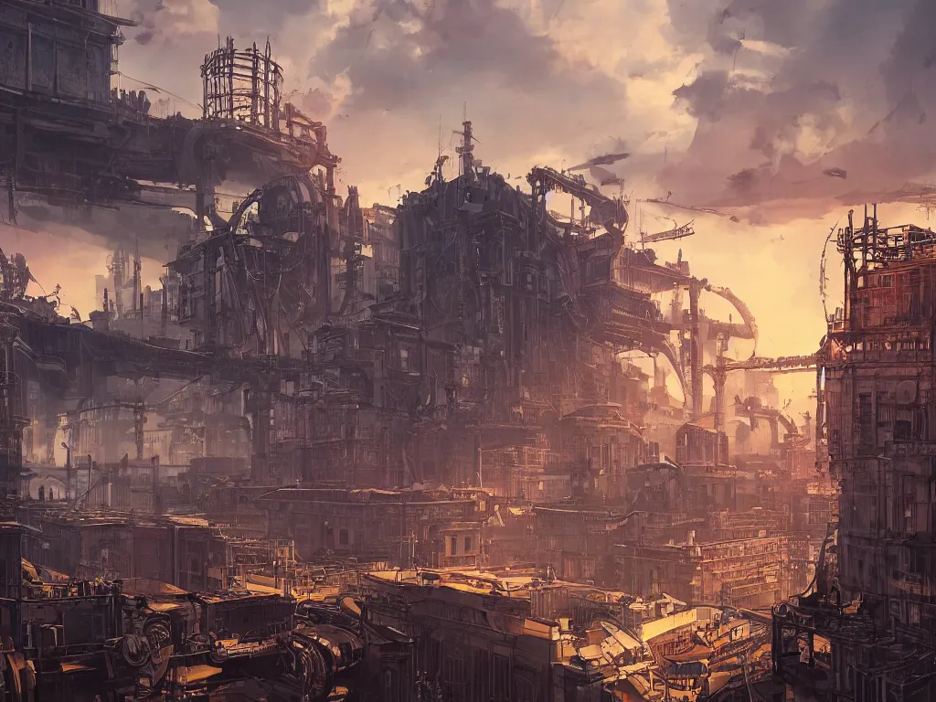 Prompt: a neoclassical city with huge steel constructions, machines, low sunset, dishonored, victor antonov, concept art, great composition, dramatic, vibrant color scheme