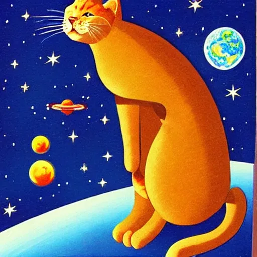 Prompt: ( very giant ) sci - fi cat!, in space ( earth in its mouth )