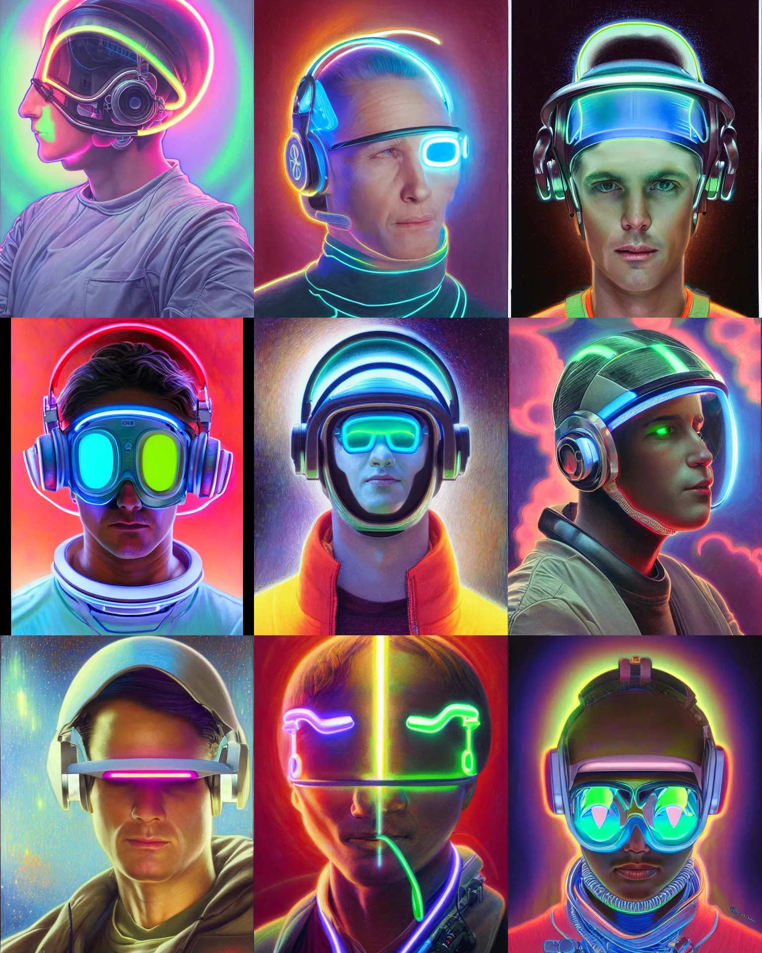 Prompt: future coder, glowing visor over eyes and sleek neon headphones headshot desaturated profile portrait colored pencil underdrawing painting by donato giancola, dean cornwall, rhads, tom whalen, alex grey, alphonse mucha, astronaut cyberpunk electric fashion photography
