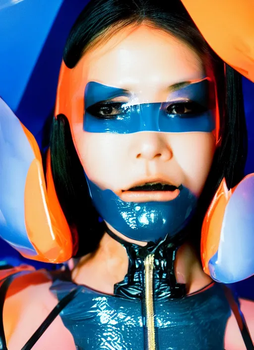 Prompt: a close-up risograph long shot of cyberpunk japanese model girl with black eyes and pretty face wearing latex catsuit and lots of transparent and cellophane accessories, blue hour, twilight, cool, portrait, Kodachrome, ISO1200,