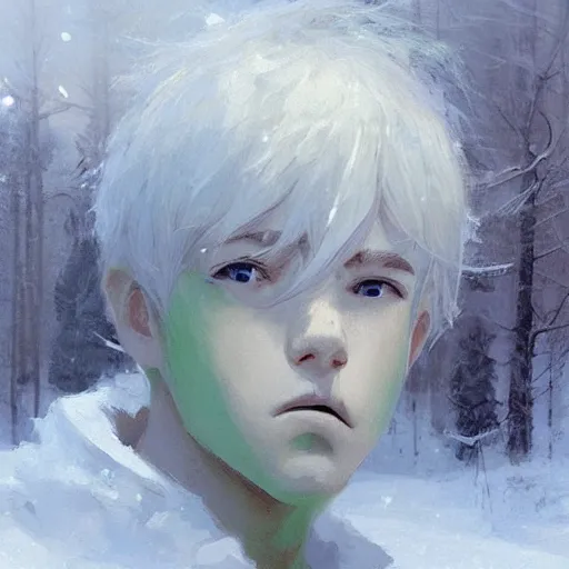 Image similar to a 14 year old teenage boy ghost with white hair and green eyes. White breath showing in the cold air. He is shivering from the cold. Kuvshinov ilya. Repin. By Craig Mullins