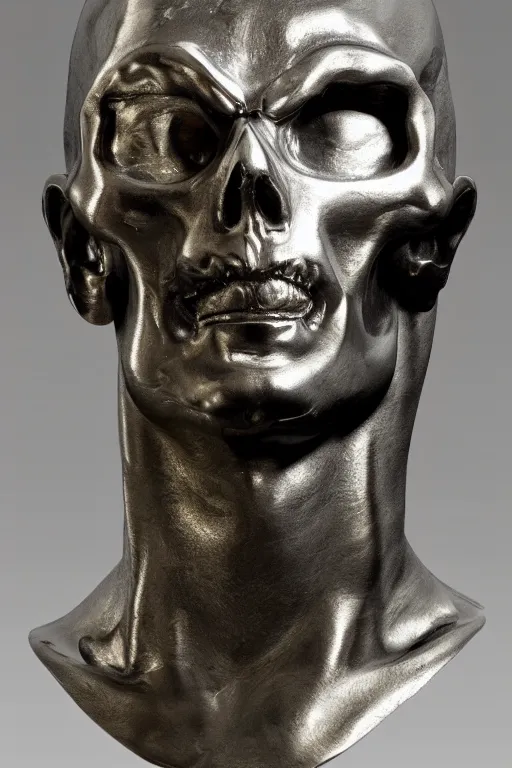 Image similar to opened head showing part of the silver skull sculpture by bernini and hedi xandt made with black marble with partial gold plating, realistic