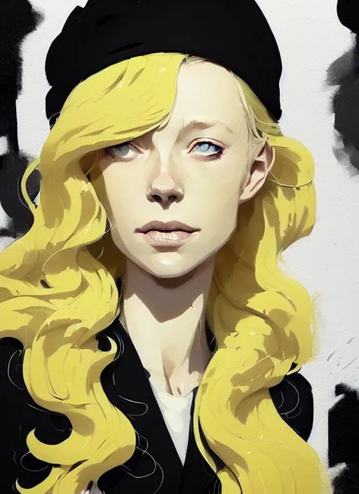 Image similar to highly detailed closeup portrait of beautiful portia doubleday, blonde wavy hair, angela moss, black suit by atey ghailan, by greg rutkowski, by greg tocchini, by james gilleard, by joe fenton, by kaethe butcher, gradient yellow, black and white color scheme, grunge aesthetic!!! ( ( graffiti tag wall background ) )