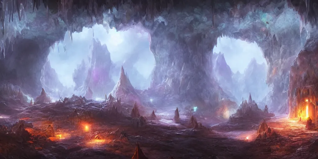 Image similar to fantasy matte painting of a cave with huge glowing crystals in the walls and piles of bones on the floor, fantasy, sharp focus, artstation
