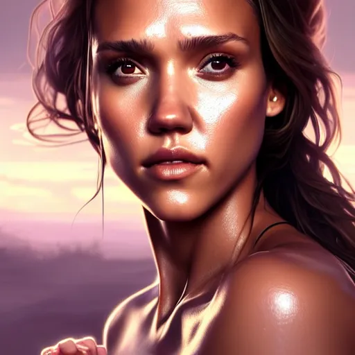 Image similar to beautiful digital painting jessica alba the thing with high detail, 8 k, stunning detail, photo by artgerm, greg rutkowski and alphonse mucha, unreal engine 5, 4 k uhd