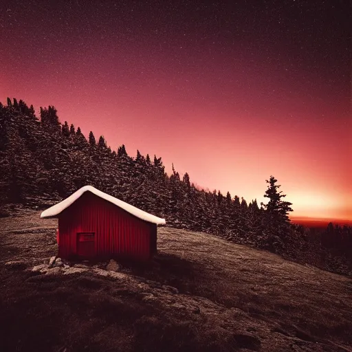 Image similar to stunning photo of landscape with an red cabin on a mountain by mikko lagerstedt