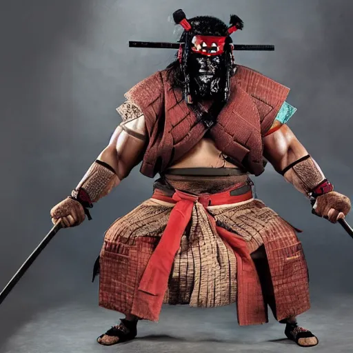 Image similar to big buff very strong very buff samurai wearing an oni mask, amazing movie still movie