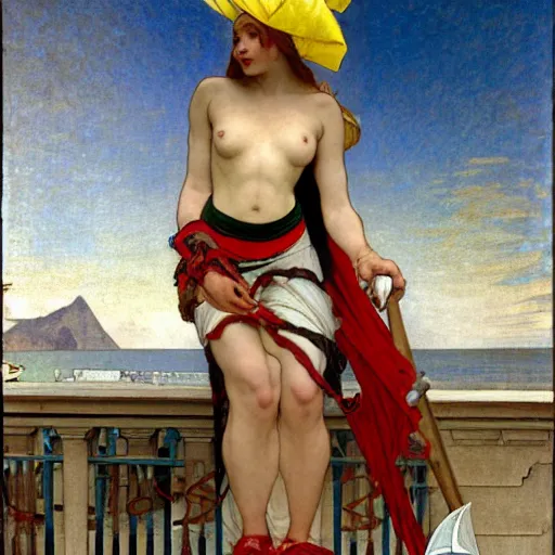 Image similar to A demon girl with jester hat and clothes on a greek archi circle on the front of a Balustrade with a beach and a sail boat on the background, major arcana cards, by paul delaroche, alphonse mucha and arnold böcklin arnold böcklin hyperrealistic 8k, very detailed