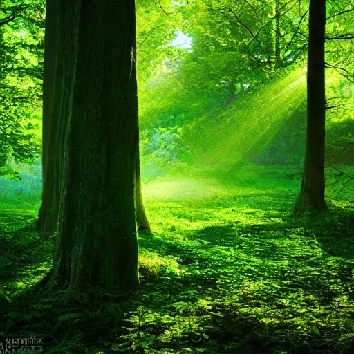 Prompt: A lush green forest in the morning; rays of light coming through the canopy