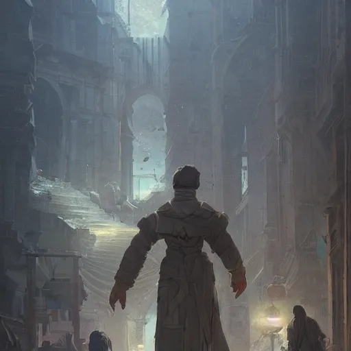 Image similar to walking along the street in ancient atlantis, by greg rutkowski