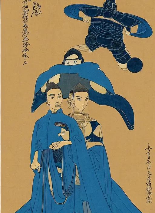 Prompt: portrait of emperor paul atreides and chani, dune, husband and wife, only 2 people, bright blue eyes, scifi, detailed, awe - striking, pious, space opera, in the style of yamato - e, traditional japanese painting, tosa school, tosa mitsuoki, tosa mitsunobu, iwasa matabei