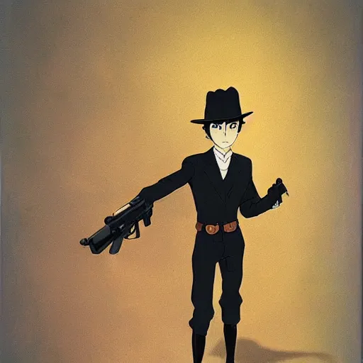 Image similar to a man in black posing while holding a pistol, by Studio Ghibli