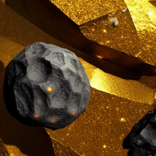 Prompt: metallic asteroid, artstation, digital art, iron, rocky, tiny gold patch