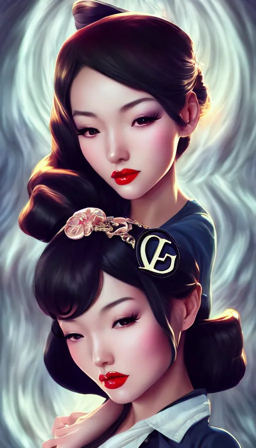 Image similar to a pin up and beautiful fashion and charming and dreamlke asian girl with lv jewelry, medium shot, art by artgerm & ross tran & wlop, hyperdetailed, 8 k realistic, symmetrical, frostbite 3 engine, cryengine, dof, trending on artstation, digital art