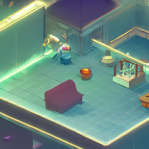 Image similar to Isometric game, 4k, dramatic lighting, ghibli style, unreal engine, secret lab, experiments