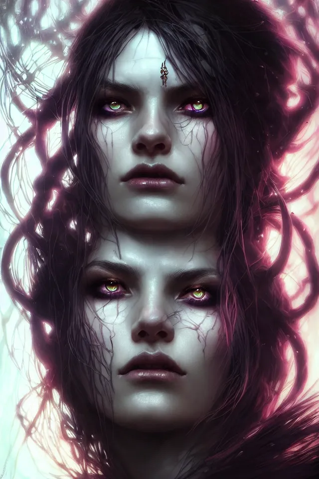 Image similar to Necromancer Sorceress face close-up macro in center, fantasy magic, undercut hairstyle, dark light night, intricate, elegant, sharp focus, illustration, highly detailed, digital painting, concept art, matte, art by WLOP and Artgerm and Greg Rutkowski and Alphonse Mucha, masterpiece