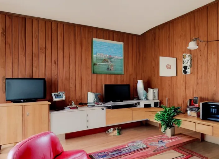 Prompt: 1 9 8 0 s living room with wood panel walls with apple iie computer in the corner on a roll - top desk and television on top