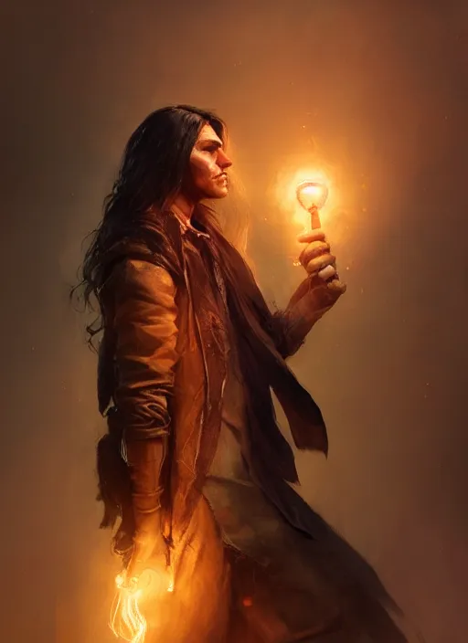 Image similar to side profile of a man with long black hair in brown rags holding a glowing device, fantasy, digital painting, volumetric light, intricate, sharp, focus, bloom, illustration, highly detailed, concept art, matte, ruan jia, randy vargas, greg rutkowski