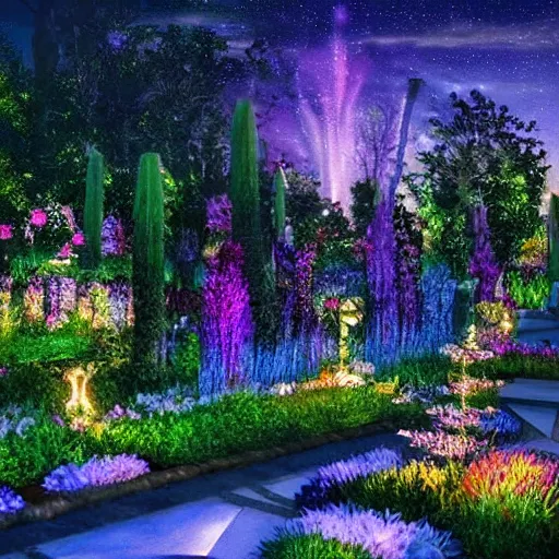 Prompt: realistic image of a magical garden at night