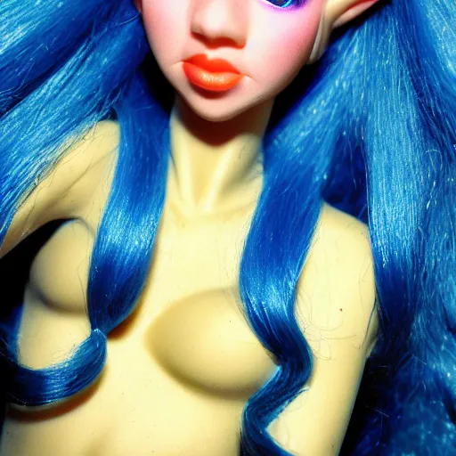 Prompt: blue-skinned elf girl, blue girl, blue skin, blue, glam hair, 80s hair, 80s clothes